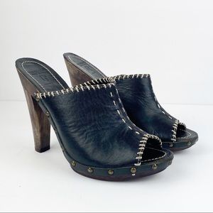 TRUE RELIGION Black Leather Peep Toe Mules / Clogs